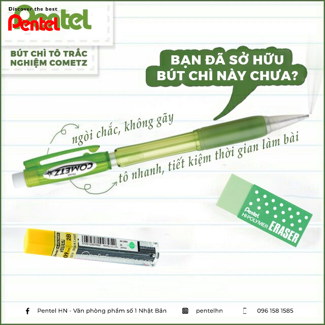 Chì Kim Pentel Cometz AX119 Lõi To 0.9 mm - 2B Dùng Thi Trắc Nghiệm Chuẩn Nhật Bản