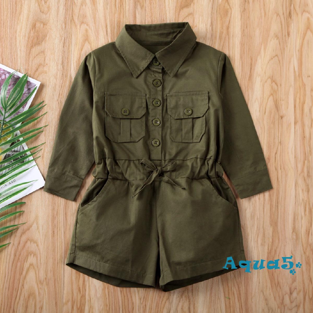 Jumpsuit Dài Tay Màu Xanh Quân Đội Cho Bé Gái