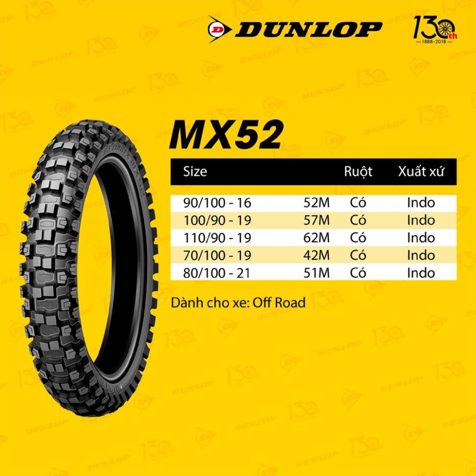 Vỏ  xe máy Dunlop MX52 110/90-19 MC 62M TT Indo _ Lốp Trung Thành