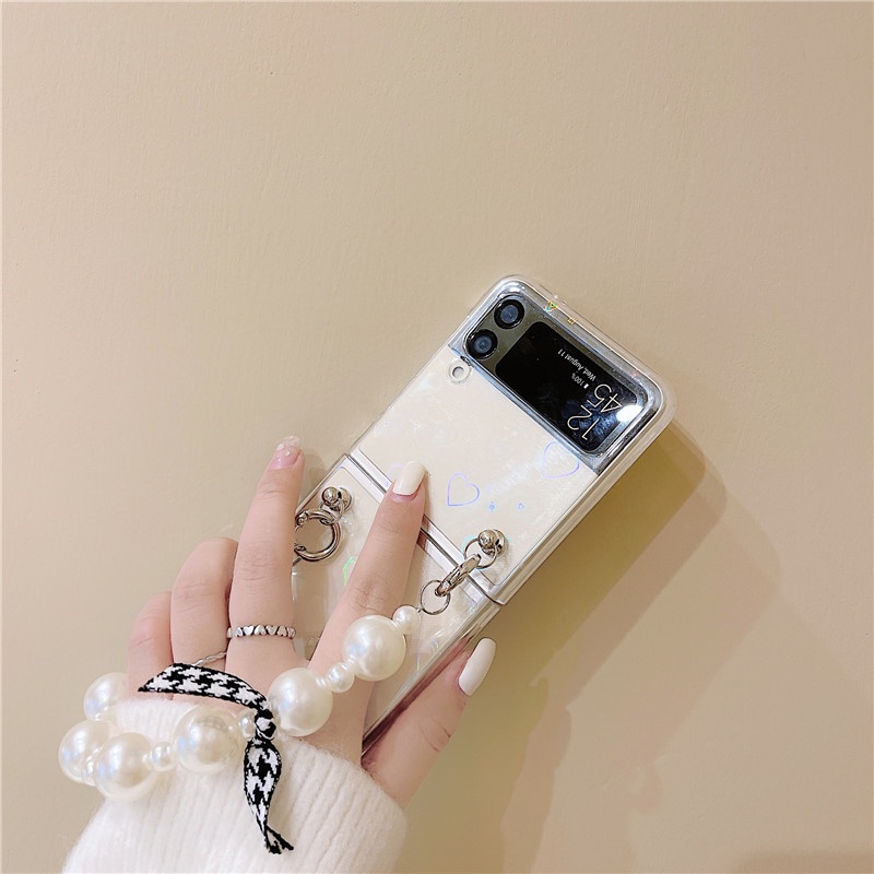 Ốp Điện Thoại PC Cứng Có Vòng Tay Đính Ngọc Trai Laser Cho Samsung Galaxy Z Flip 3 3 5G Z Flip3 ZFlip 3 5G