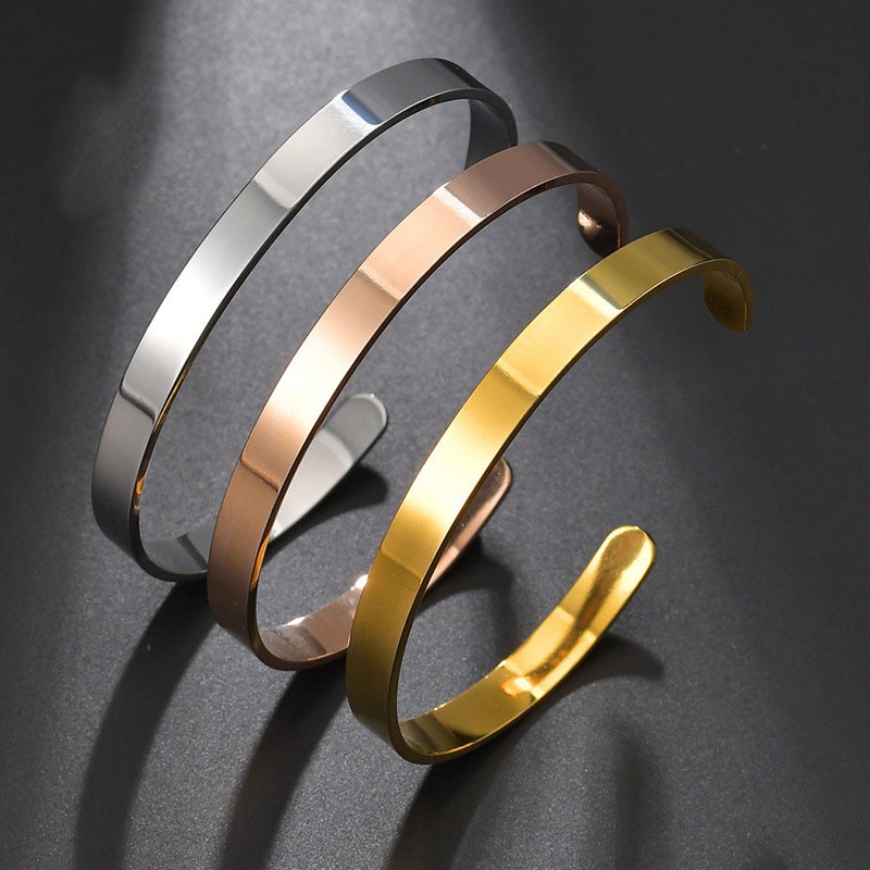Vòng tay thép titan mạ vàng hồng 18K / vàng / bạc sáng bóng rộng 4-8mm thiết kế hình chữ C đơn giản không gây dị ứng
