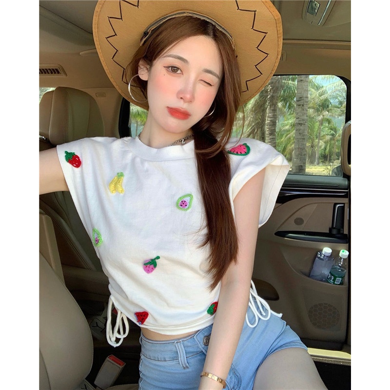 Áo Thun Dệt Kim Sát Nách Phối Dây Rút Thêu Họa Tiết Trái Cây Xinh Xắn