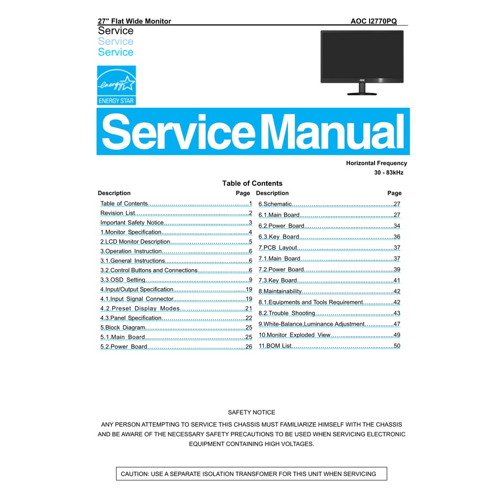 Hướng dẫn sửa chữa và sơ đồ màn AOC I2770PQ