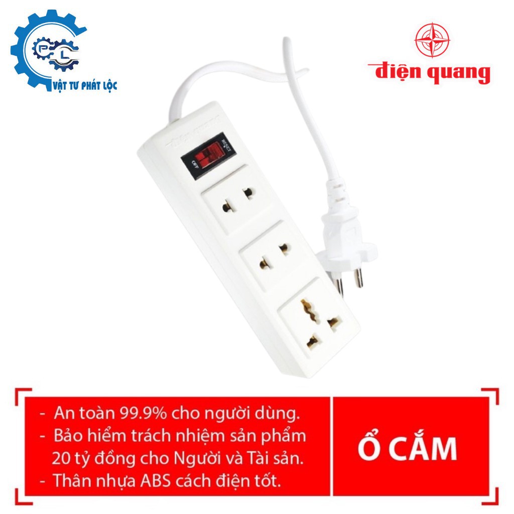 Ổ cắm Điện quang 3 lỗ (2-3 chấu),1 công tắc, dây 5m