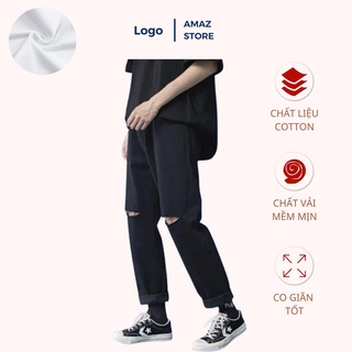 Quần baggy, jean nam đen 2 rách , quần jean ống rộng phong cách hàn quốc