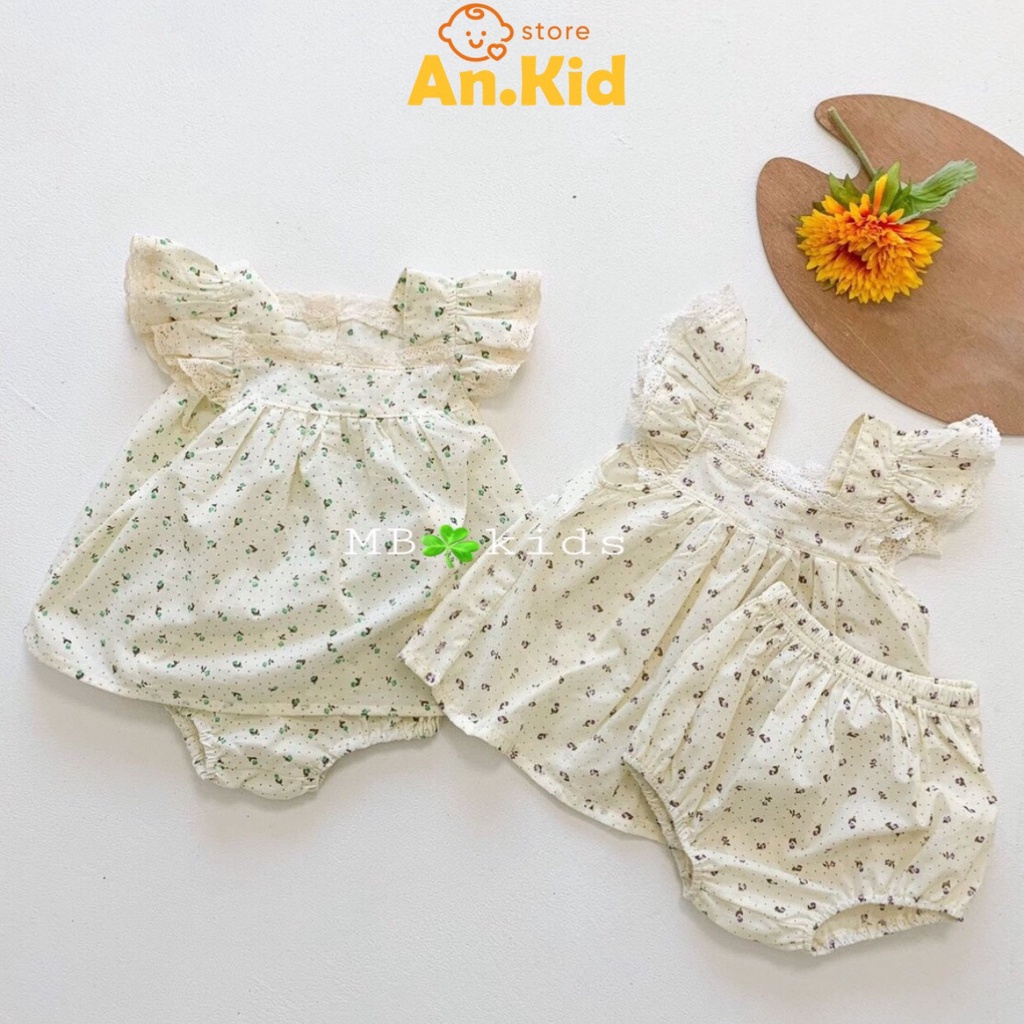 Set Bé Gái Hoa Nhí Chất Đũi Lụa Cổ Sen Vuông Viền Ren, Đồ Bộ Cánh Tiên Cho Bé Gái Mặc Đi Chơi - AN.KID