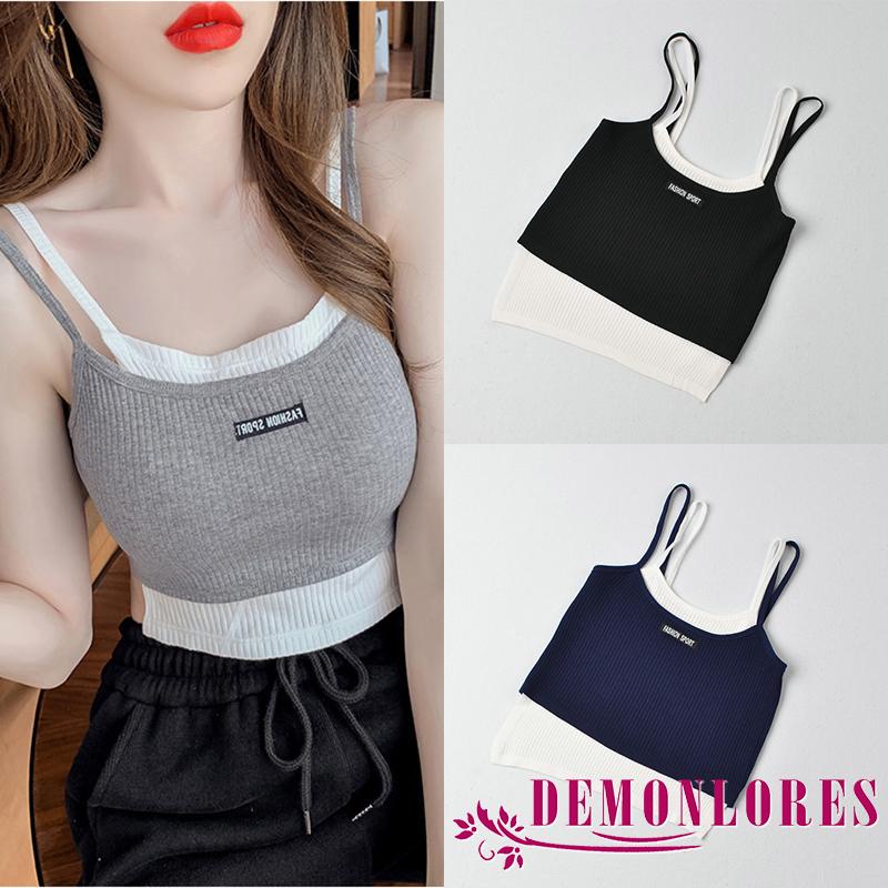 Áo hai dây cổ chữ u giả hai mảnh màu sắc thời trang mùa hè dành cho nữ