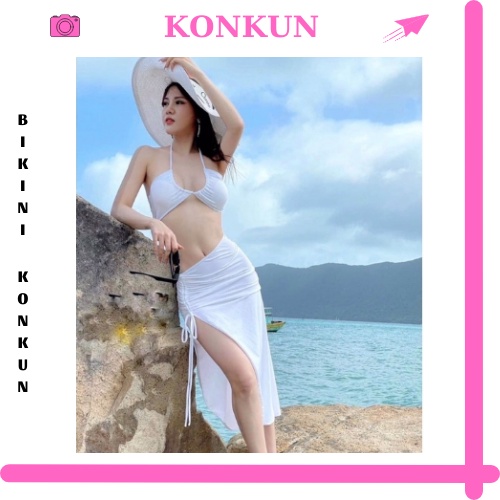 Đồ bơi nữ bikini đi biển sét 3 món màu trắng KONKUN MS92