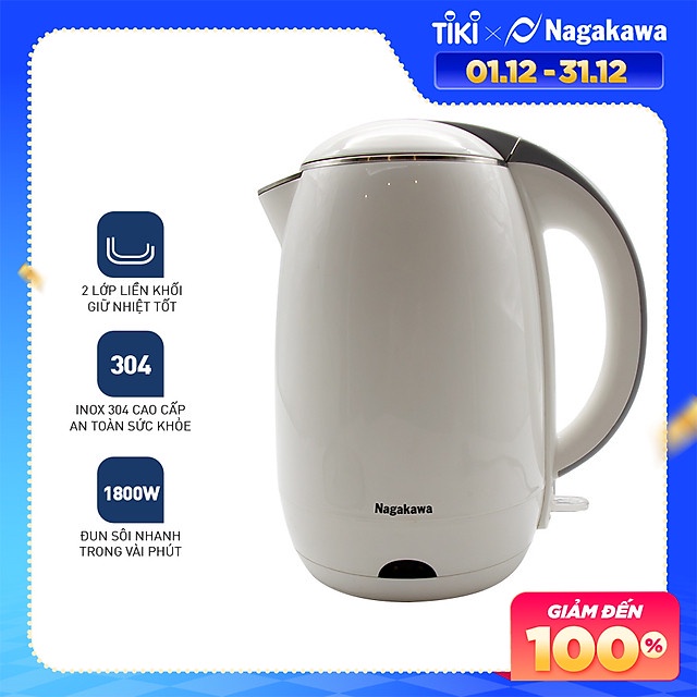 [Mã 254ELSALE giảm 7% đơn 300K] Ấm Đun Siêu Tốc 2 Lớp Nagakawa NAG0314 (1.8 Lít) - Hộp xấu