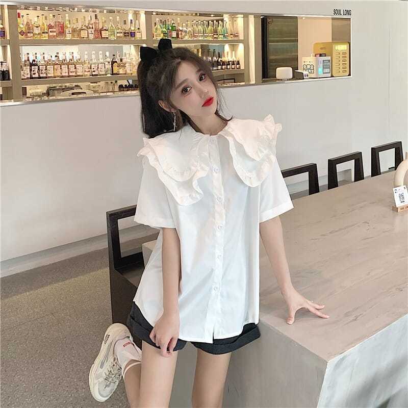 Áo sơ mi babydoll tay ngắn dáng rộng màu trắng trơn phong cách Hàn Quốc thời trang