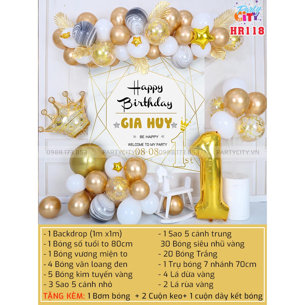 ( Kèm Phông Backdrop In TÊN BÉ) Set trang trí sinh nhật bé trai bé gái tone gold vàng đẹp sang HR-118