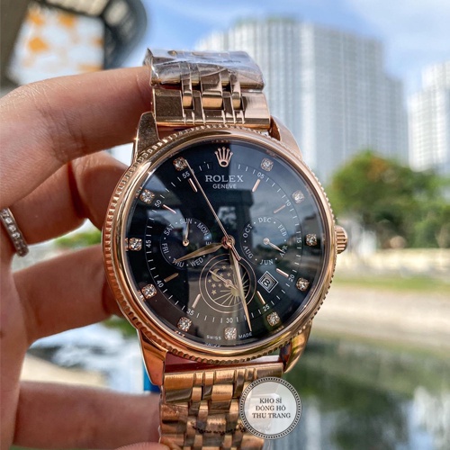 Đồng hồ Nam Rolex đồng hồ cơ Automatic máy nhật mẫu 6mặt đen viền vàng đính đá size 40mm-41mm