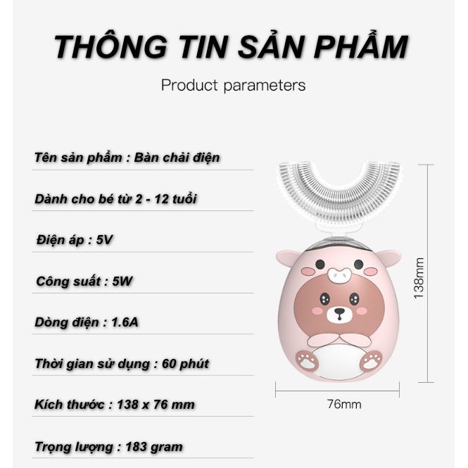 Bàn chải điện cho bé Shiba, bàn chải điện trẻ em đầu chữ U cho bé từ 2-9 tuổi - Giúp bé vệ sinh răng miệng hiệu quả