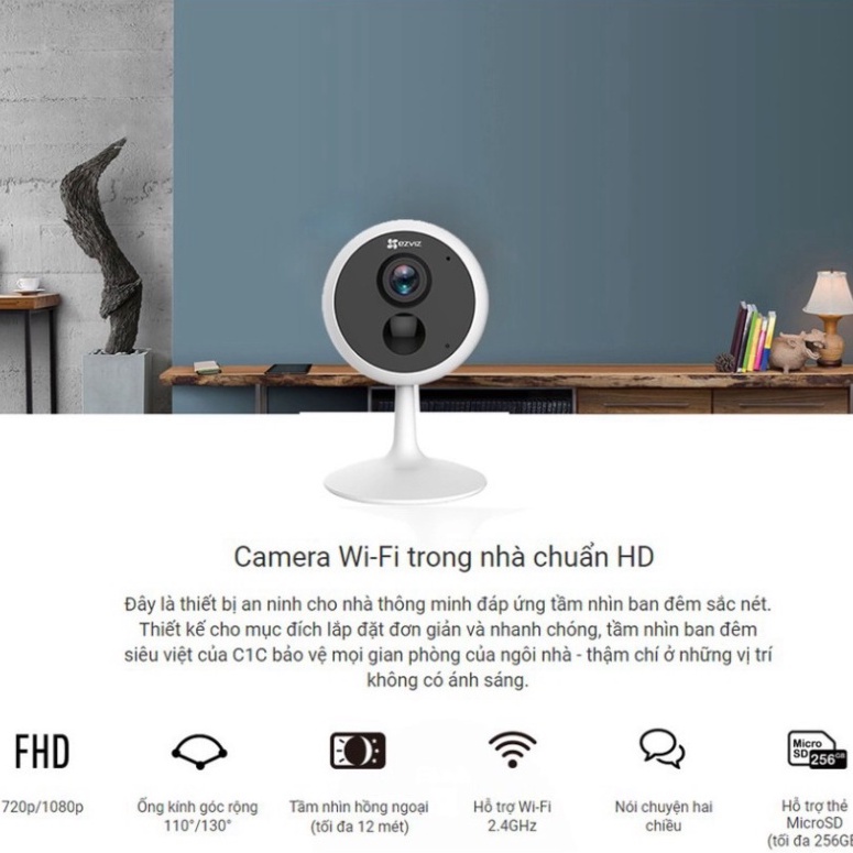 Camera ezviz C1C 1080p, cam wifi 2 megapixel, ống kính góc rộng 130 độ, đế hít nam châm, quay đêm hồng ngoại