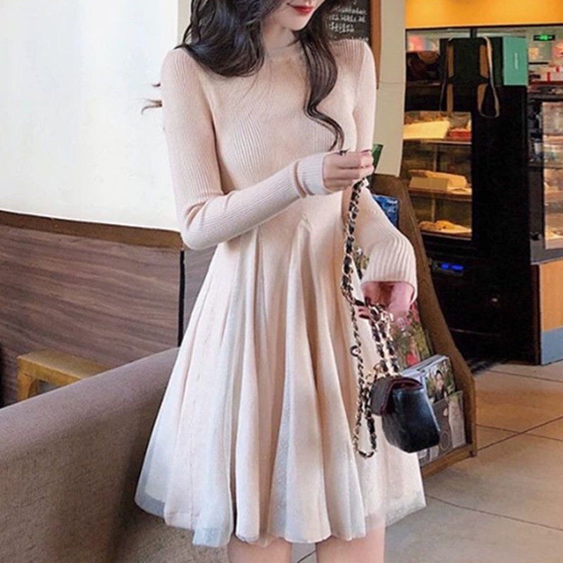 Váy len ôm dáng xòe dài tay/ đầm cổ tròn voan đuôi dáng ngắn xinh xắn V00143