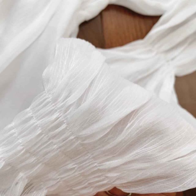 Đầm trắng tay phồng dạo phố siêu xinh dịu dàng Eo Thun Chỉ