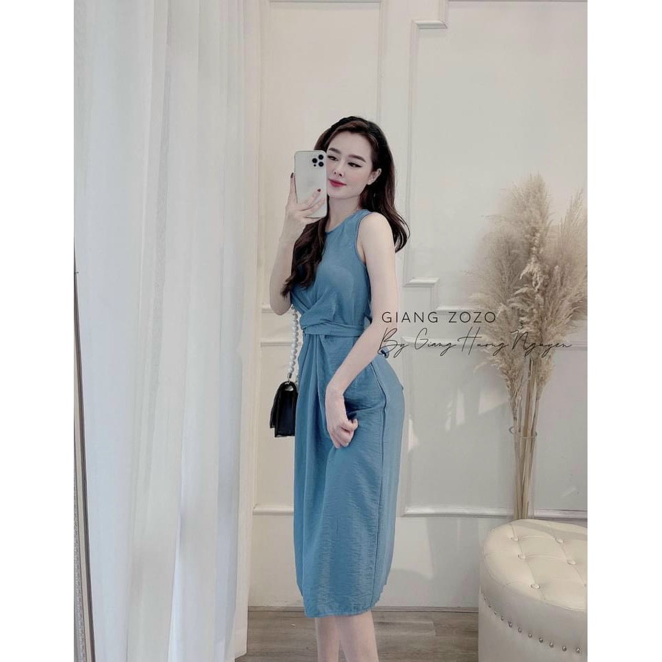 váy suông nữ dáng dài xoắn eo buộc dây sau màu xanh lạ mắt