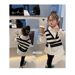 Set áo kẻ gile sơ mi kèm quần legging đen cho bé gái