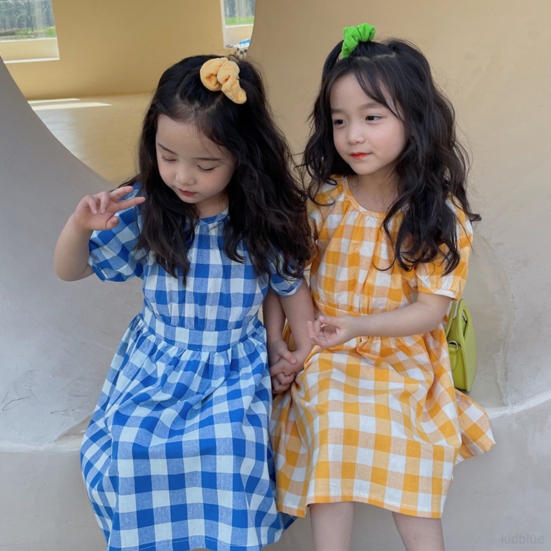 Đầm Công Chúa Tay Phồng Cổ Tròn Họa Tiết Sọc Caro Phong Cách Phương Tây Dễ Thương Thời Trang Mùa Hè Cho Bé Gái