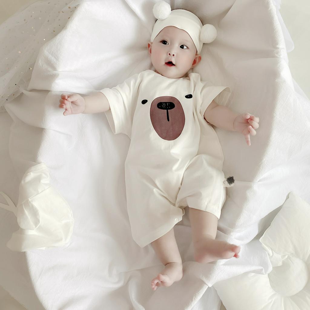 Set áo liền quần &amp; mũ trùm đầu in hình gấu dành cho trẻ sơ sinh