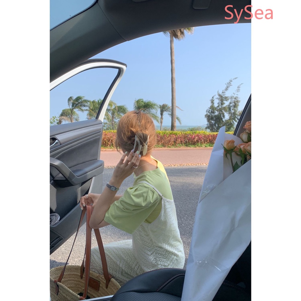 Đầm Chữ A Màu Xanh Lá + Áo Hai Dây Khoét Lỗ Phong Cách Thời Trang Pháp Dành Cho Nữ