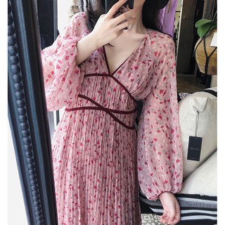 Đầm nữ xinh hàng Quảng Châu  thiết kế dáng dài MIDI họa tiết hoa nhí hồng  phong cách cô nàng tiểu thư đẹp dịu dàng