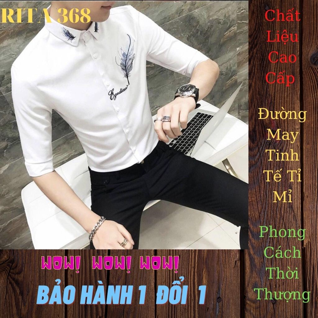 Áo Sơ Mi Nam Tay Dài Trắng DTXM1701 Phối Họa Tiết Thêu Lông Vũ Cực Đẹp