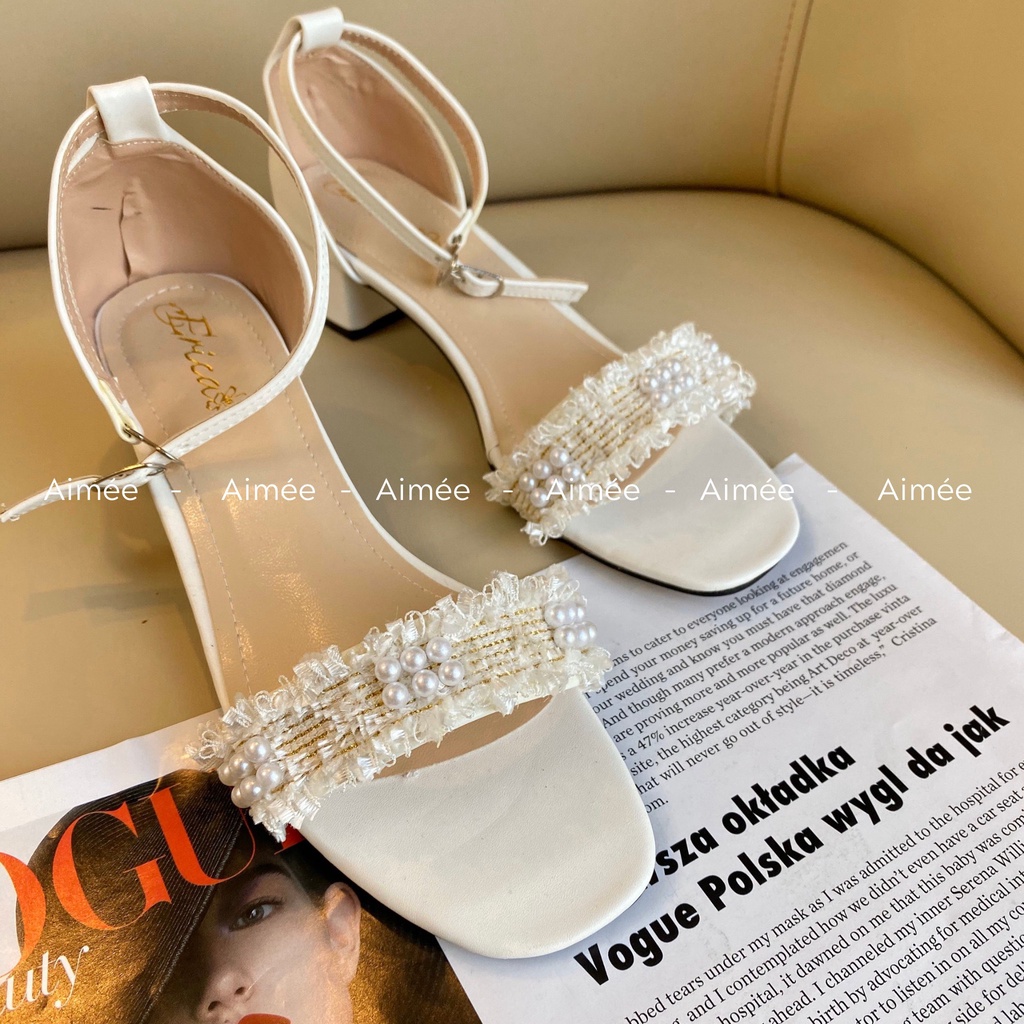 Dép Sandal Bản Ngang Gót Cao 3 Phân Quai Da Phối Ren Đính Hạt Ngọc Bít Gót Lên Dáng Điệu Đà Quyến Rũ