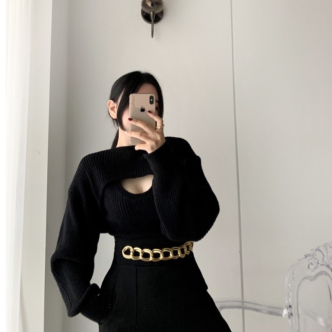 Porozi  Set trang phục  áo len dài tay + áo thun cộc tay cổ tròn thời trang nữ