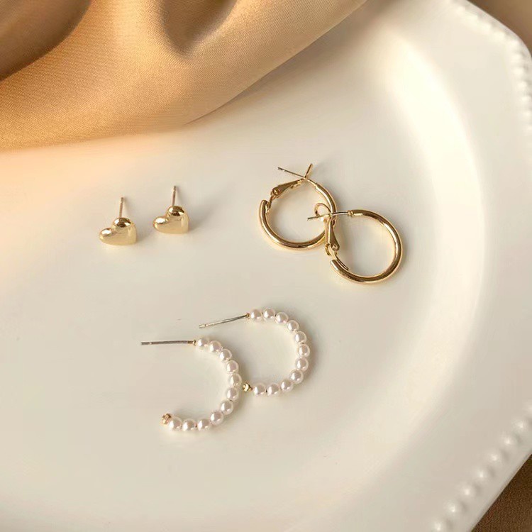 Set sáu đôi hoa tai hình trái tim đính ngọc trai thiết kế độc đáo cá tính