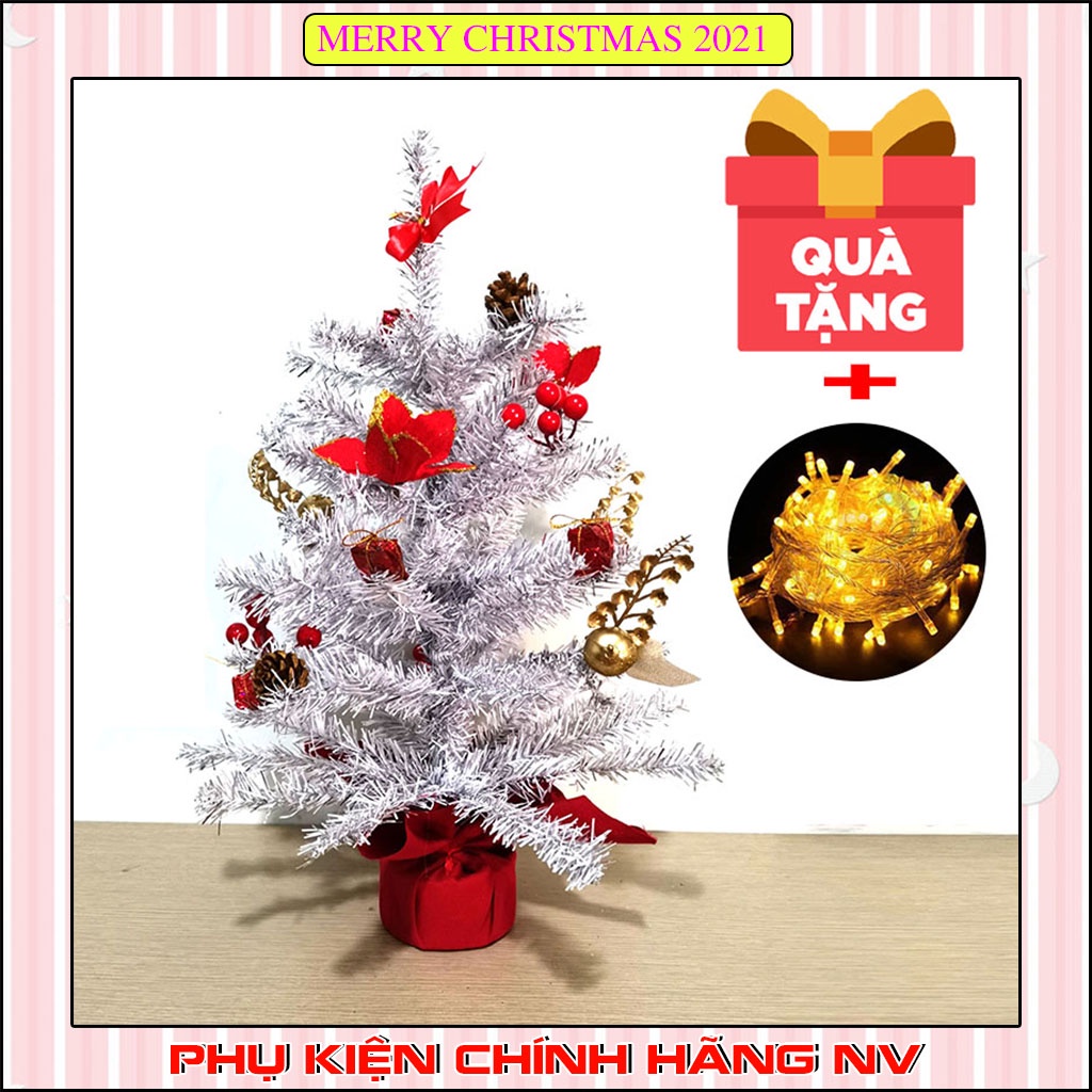 Cây thông noel để bàn 40cm, 52cm quà tặng trang trí giáng sinh trắng bạc đế nhựa bọc vải đỏ tặng kèm dây led 8m vàng