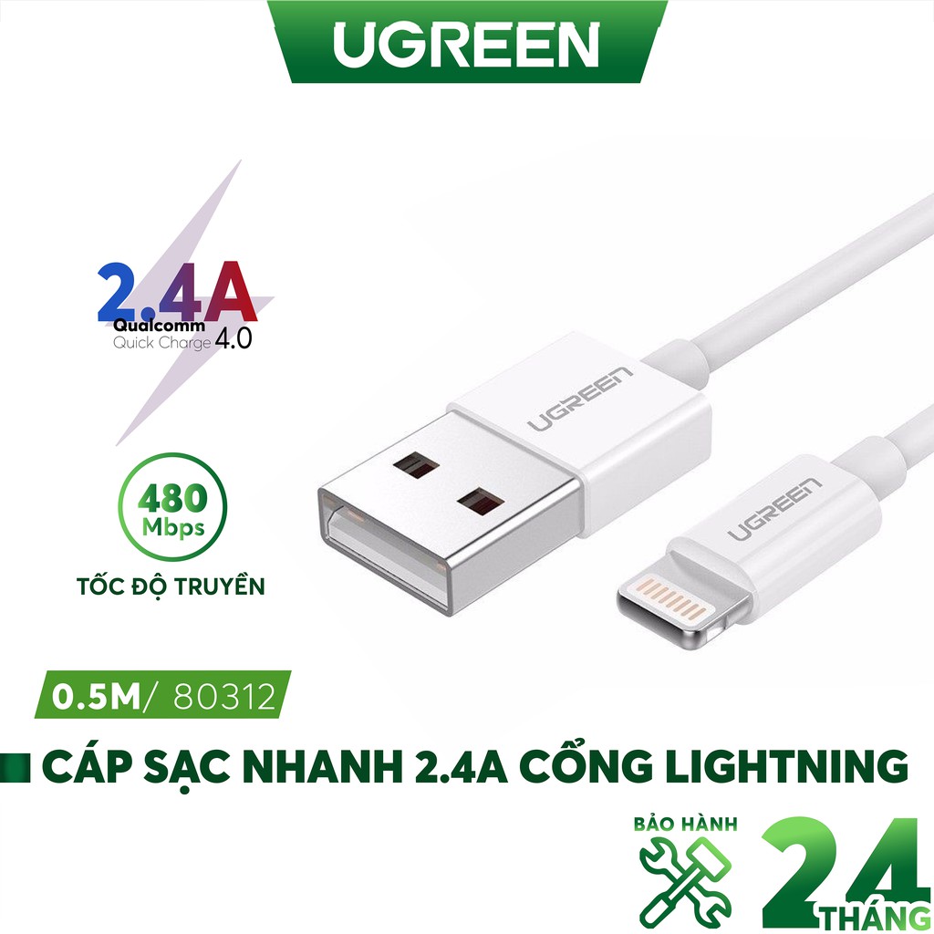 Cáp sạc Lightning MFI UGREEN US155 cho iPhone / iPad / iPod dòng 2.4A dài 1m 2m