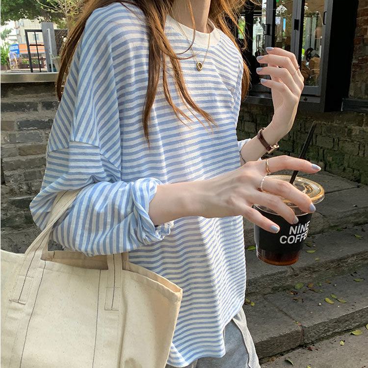 Áo Thun Tay Dài Dáng Rộng Họa Tiết Kẻ Sọc Ngang Phong Cách Hàn Quốc Thời Trang Mùa Thu Cho Nữ