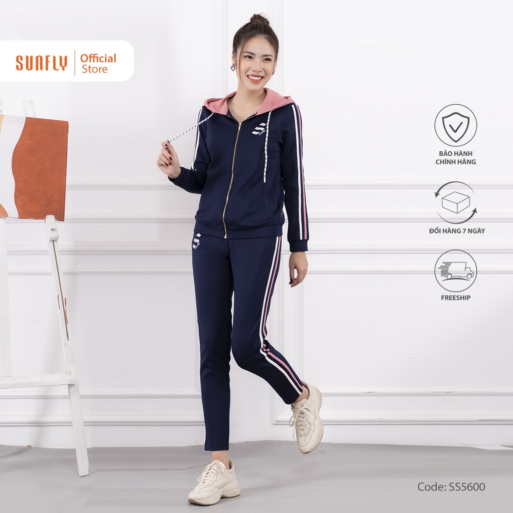 Bộ thể thao poly 2 da kéo khóa có mũ áo dài, quần dài SUNFLY SS5600