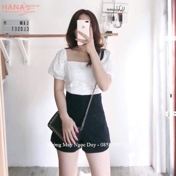 Quần short nữ cạp cao liền gen bụng ôm cá tính màu Đen Trắng vải tuyết mưa mềm dáng quần sooc đùi nữ công sở đi biển học