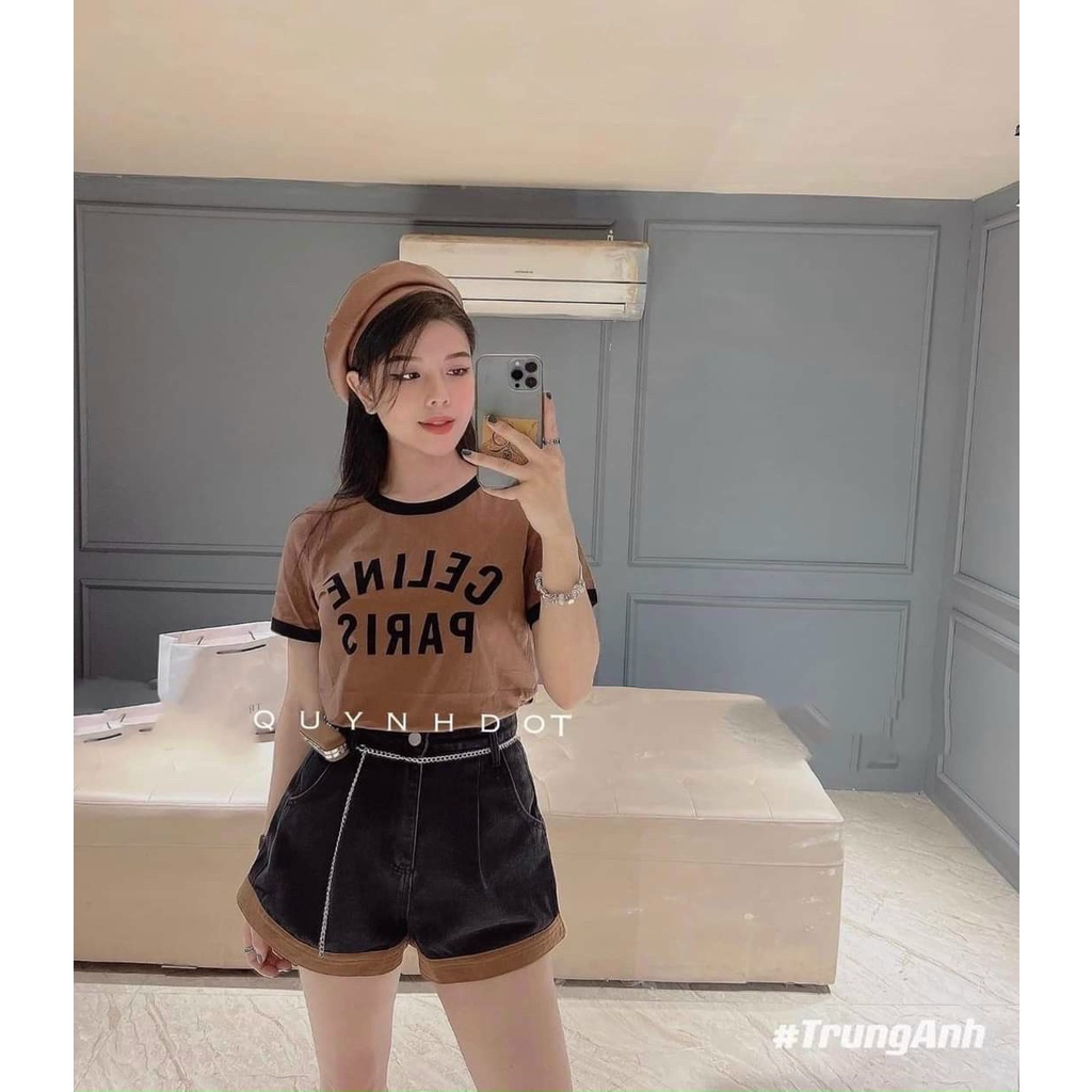 Quần đùi jean nữ denim hot ống xoè viền màu ko kèm nịt nhe