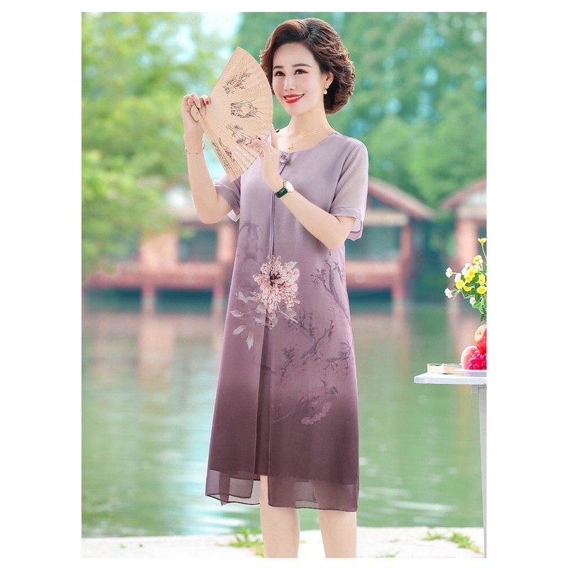 Đầm voan trung niên nữ cao cấp, hoạ tiết hoa chìm trẻ trung, màu sắc sang trọng, quý phái NV0695