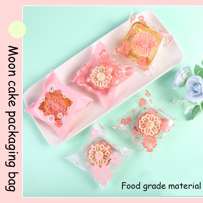 100Pcs/packet Pink Cherry Blossom Self-Adhesive Bag Cute Cartoon Plastic Bag Biscuit Cake Baking Packaging Bag