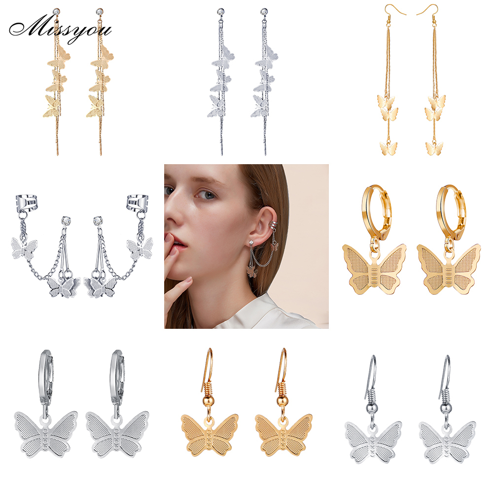 Missyou Fashion Korean Retro Butterfly Earrings Simple Gold Tassel Metal Earrings Women Jewelry Accessories Party Gifts
