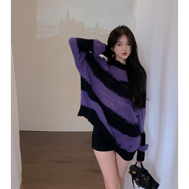 Áo Dệt Kim Mỏng Dáng Rộng Họa Tiết Kẻ Sọc Rỗng Thời Trang Hàn Quốc