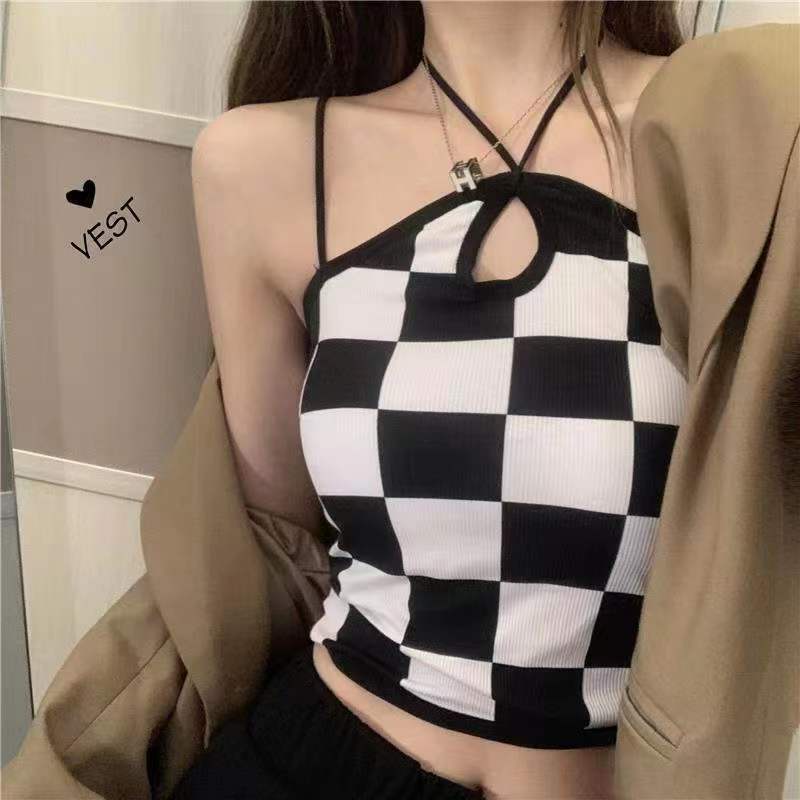 Áo hai dây hở lưng họa tiết kẻ ô 0613691
