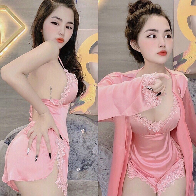 Đồ ngủ sexy 3 món hai dây quần đùi có mút kèm áo choàng lụa satin cao cấp