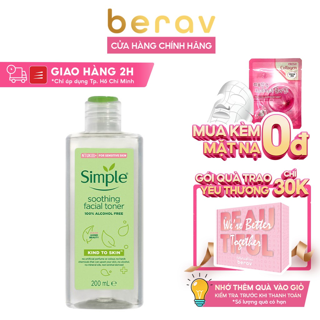 [Mã FMCGMALL -8% đơn 250K] NƯỚC HOA HỒNG SIMPLE Kind To Skin Soothing Facial Toner Không Cồn, Cân Bằng Da Dịu Nhẹ 200ml