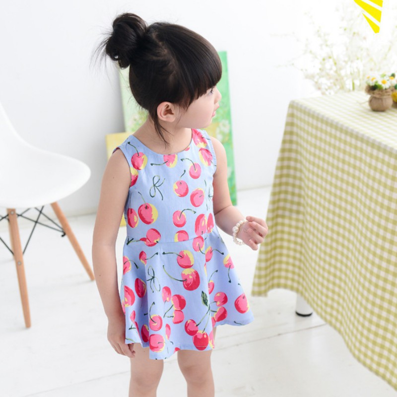 Đầm xòe không tay in hình quả anh đào dễ thương cho bé