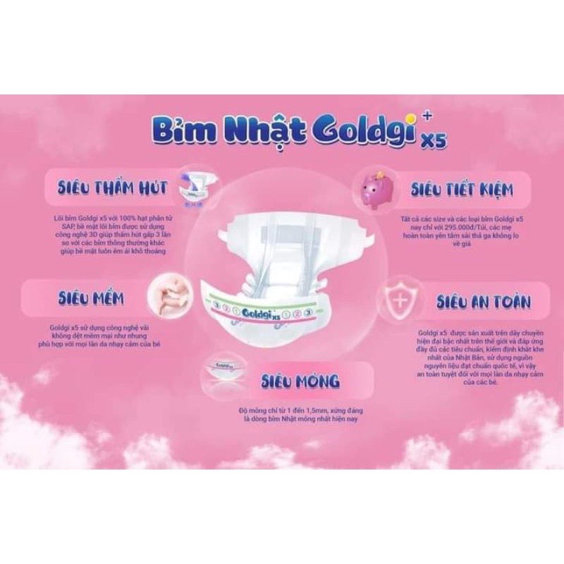 Bỉm Goldgi x5 dán/quần đủ size Nb92/S84/M66/M60/L56/L48/XL46/XL44/XXL32