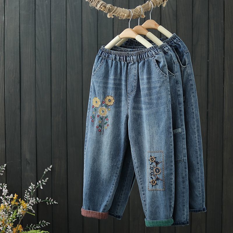Quần Jeans Lửng Lưng Thun Dáng Rộng Thêu Họa Tiết Thời Trang Mùa Hè Hàng Mới Cho Nữ