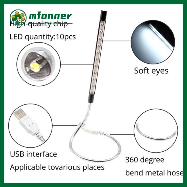 Đèn Led Đọc Sách 10 Bóng Led Vỏ Kim Loại Sạc Usb Mềm Mại Xoay 360 Độ
