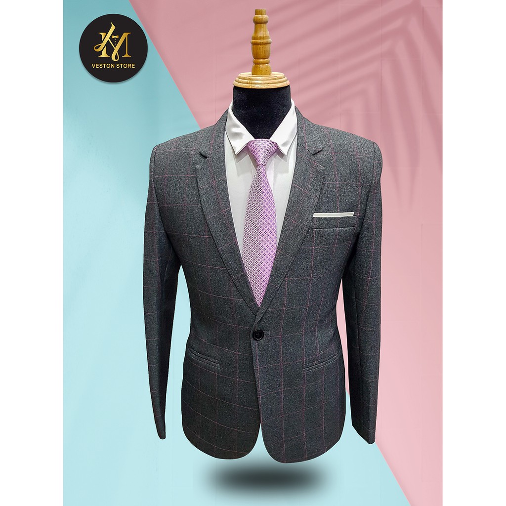 Áo vest nam ôm body xám đậm sọc ca rô đỏ