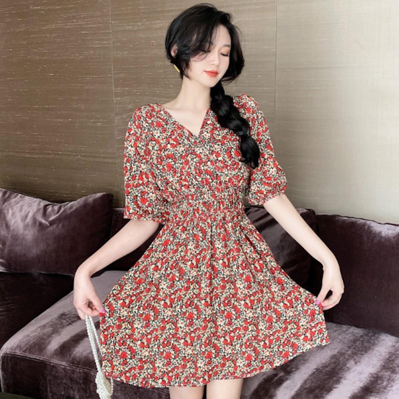 Đầm Chữ A Tay Ngắn Cổ Chữ V In Hoa Thời Trang Mùa Hè