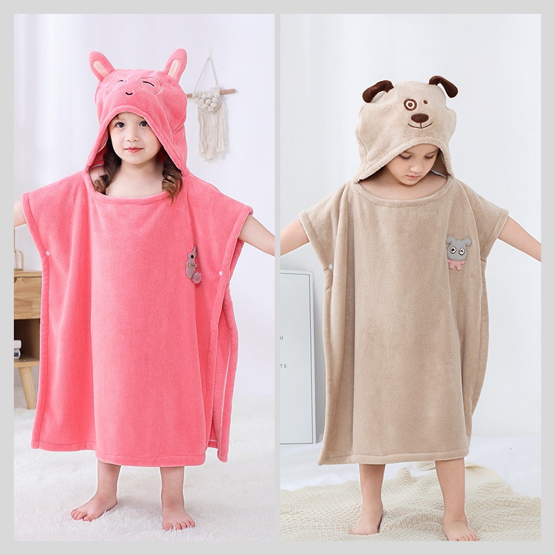 Áo Choàng Tắm Có Mũ Trùm Đầu Chất Liệu Lông Cừu San Hô Thấm Hút Tốt Họa Tiết Hoạt Hình Xinh Xắn Cho Bé